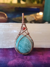 Load image into Gallery viewer, Amazonite Wrapped in Bare Copper with Carnelian Accent Stone

