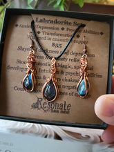 Load image into Gallery viewer, Labradorite Earring & Pendant Set in Enameled Copper