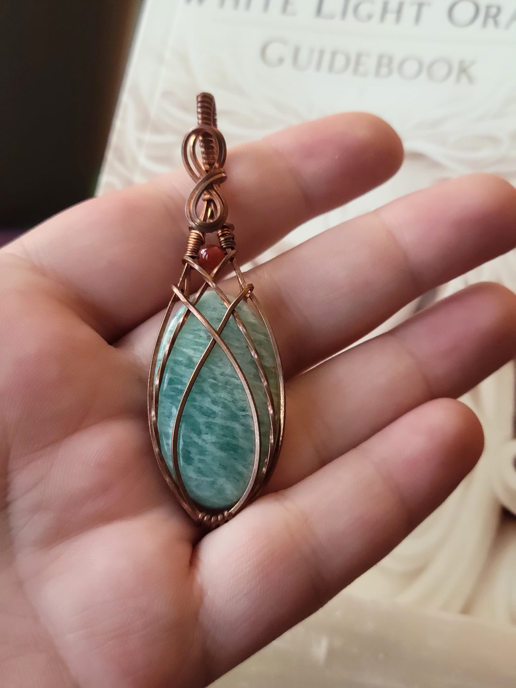 Amazonite Wrapped in Bare Copper with Carnelian Accent Stone