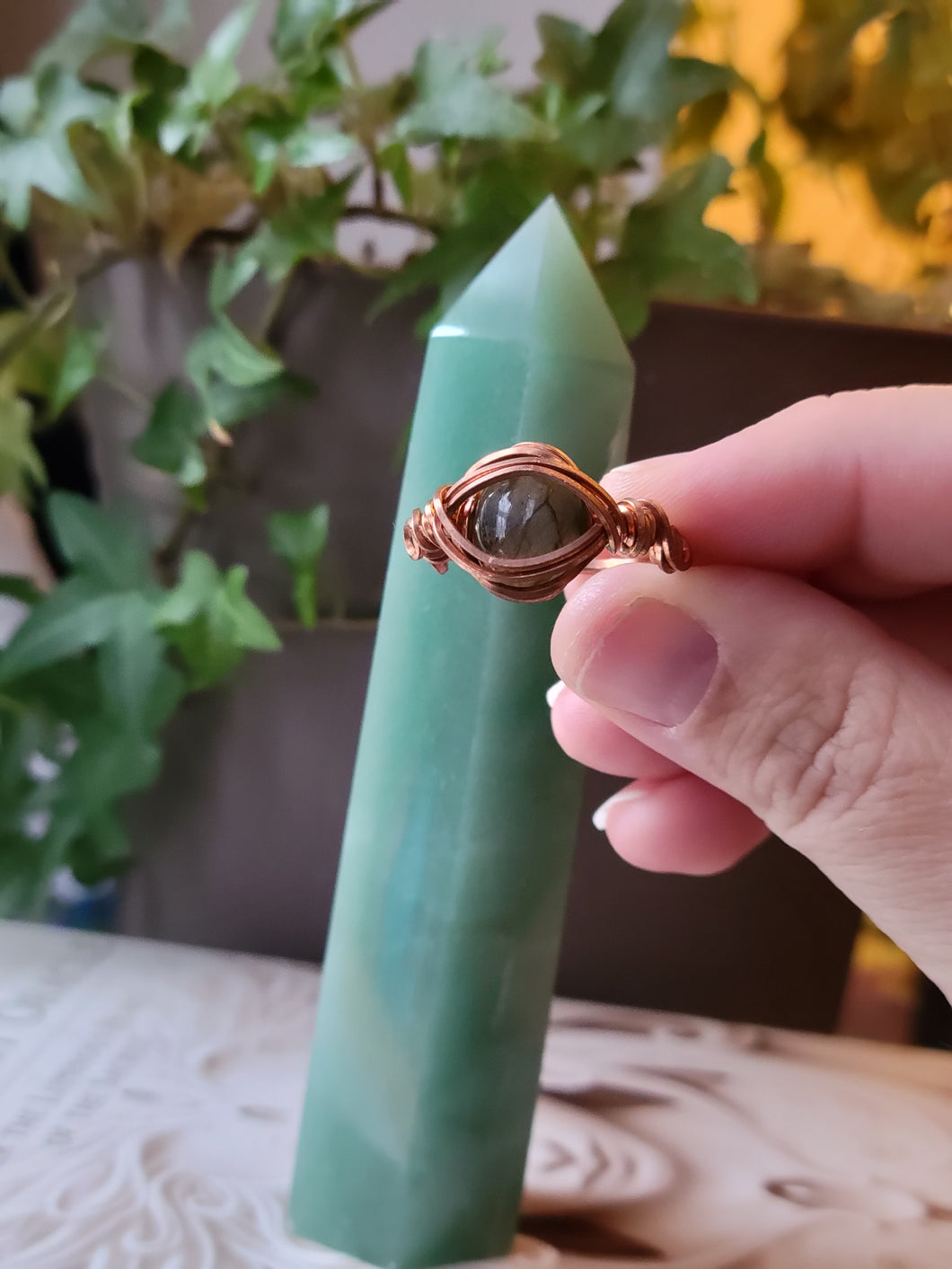 Labradorite Ring Wrapped in Bare Copper- Adjustable