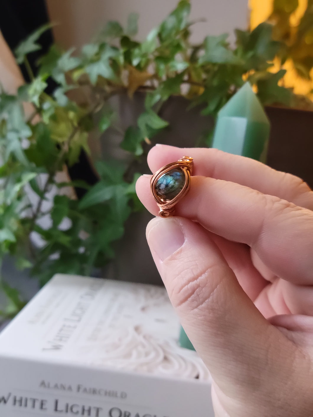 Labradorite Ring Wrapped in Enameled Copper