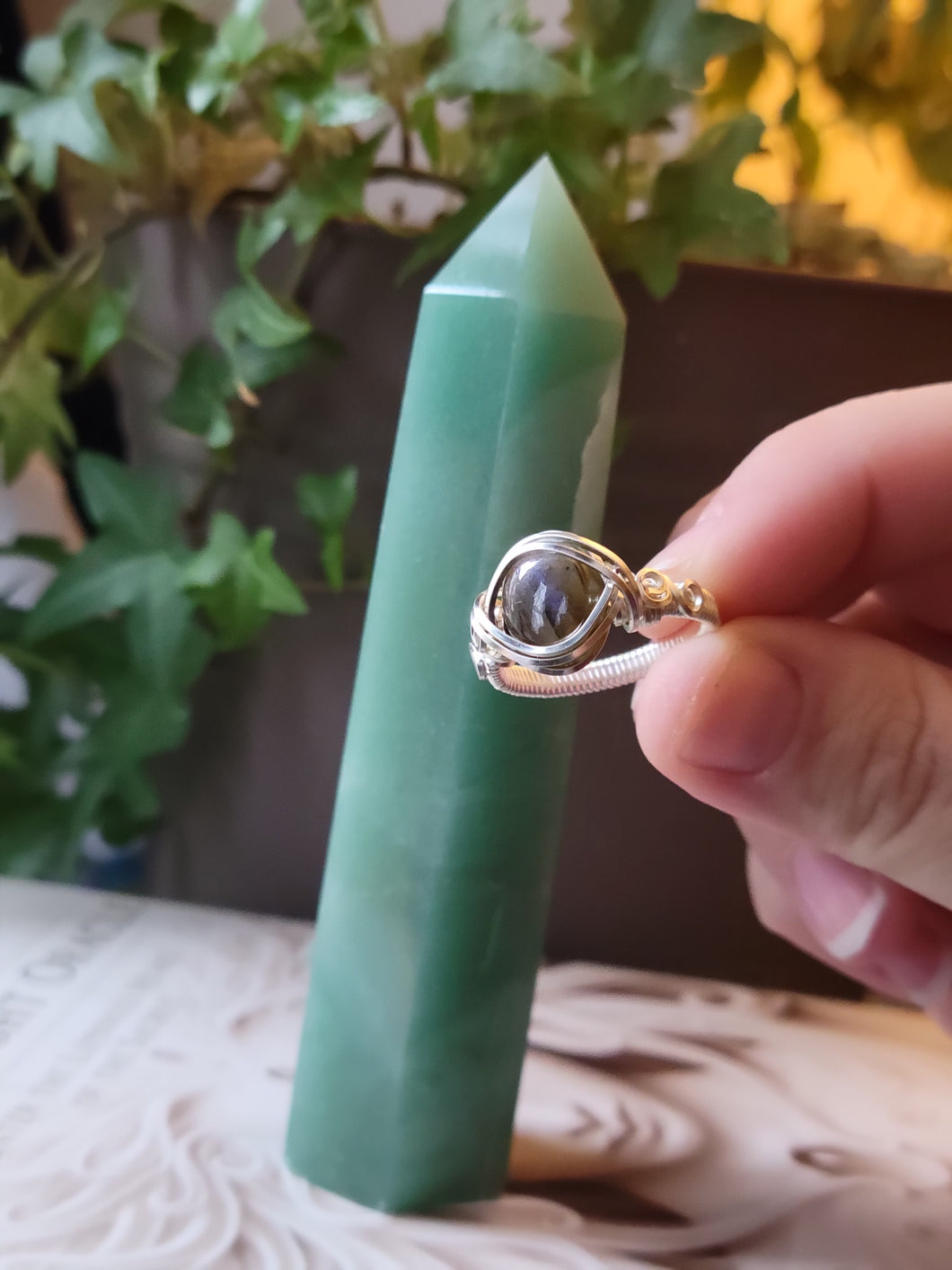 Labradorite Ring Wrapped in Enameled Silver